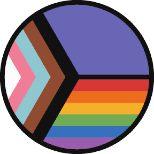 Circle divided into three sections. The section on the left is 5 different coloured chevrons pointing right. From left to right they are white, pink, light blue, brown and black to represent the trans inclusive pride flag. On the right of the circle, the section is split horizontally in two. The top half is indigo to symbolise accessibility. Below this are six different coloured horizontal stripes. From top to bottom they are red, orange, yellow, green, blue and purple.