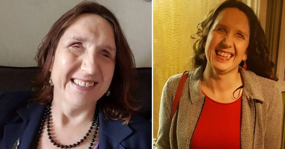 Two pics of Sarah side by side. Left, smiling with a blue blazer. Right, in mid laugh wearing a jacked and red shirt.