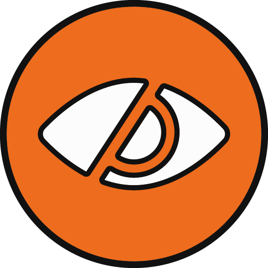 Blindness (Orange): Eye symbol split with an angle. Half closed, and the other half open.