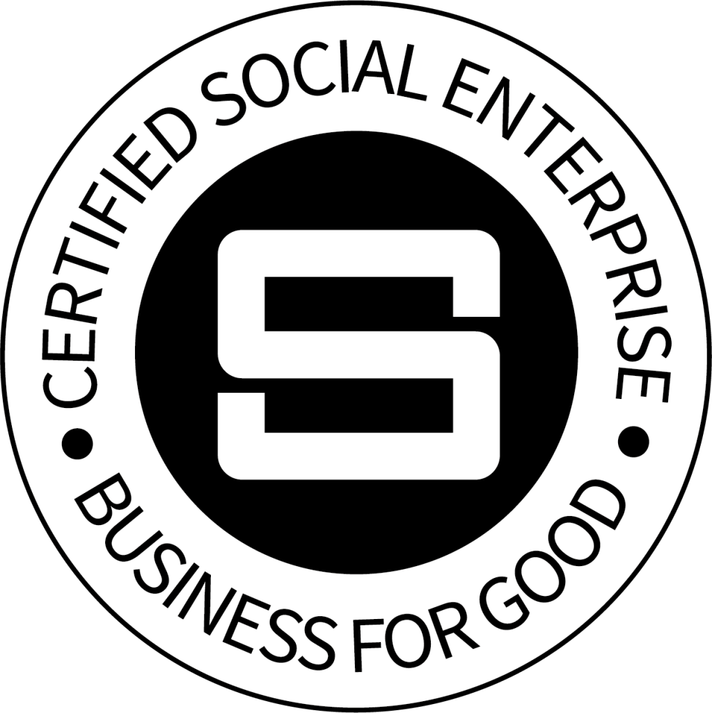 Black and white logo for Social Enterprise UK. A white circle surrounds a black circle with a white 'S' in the centre. The words in the top half of the white circle are "Certified Social Enterprise" and in the bottom half of the white circle are the words "business for good."